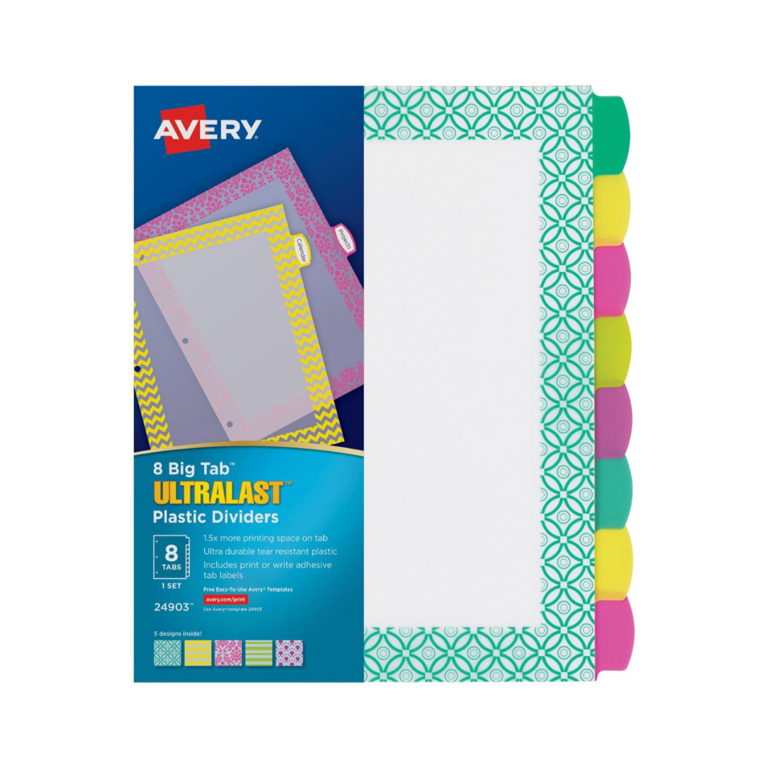 Avery® Separadores Ultralast™ con ventana transparente, plástico Big Tab™pestañas grandes, set de 8 separadores, multicolor, diseños variados(24903)