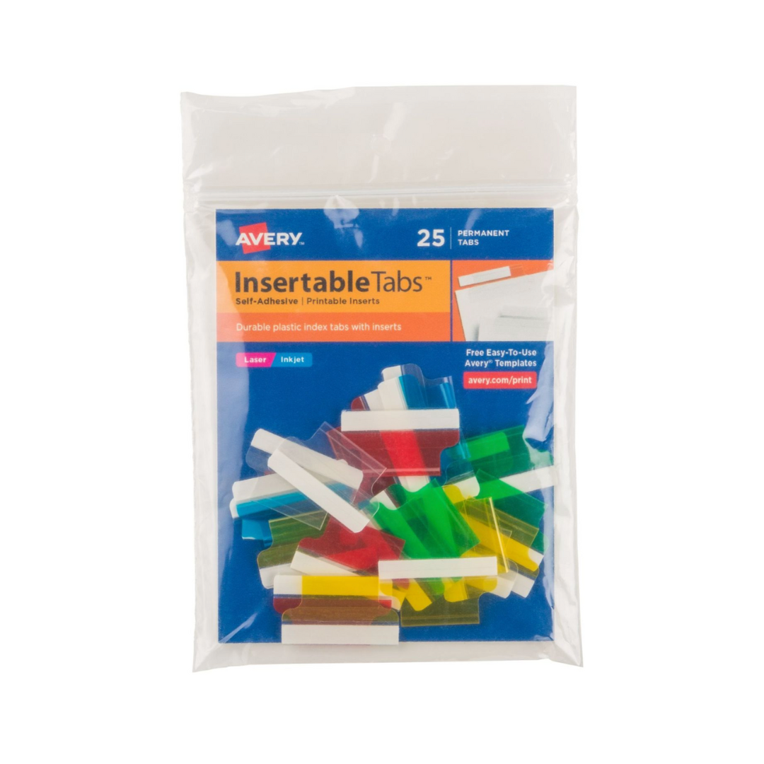 Avery® Pestañas de índice insertables autoadhesivas, insertos imprimibles, 2,5 cms, 25 pestañas multicolor (16219)