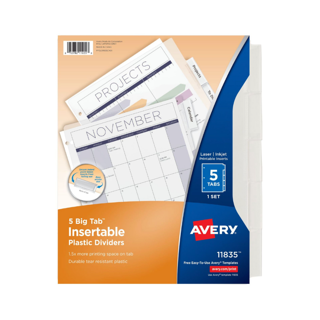 Avery® Separadores Big Tab™ , insertables, plástico duradero con 5 pestañas para carpetas de 3 anillos, transparentes, 1 juego (11835)