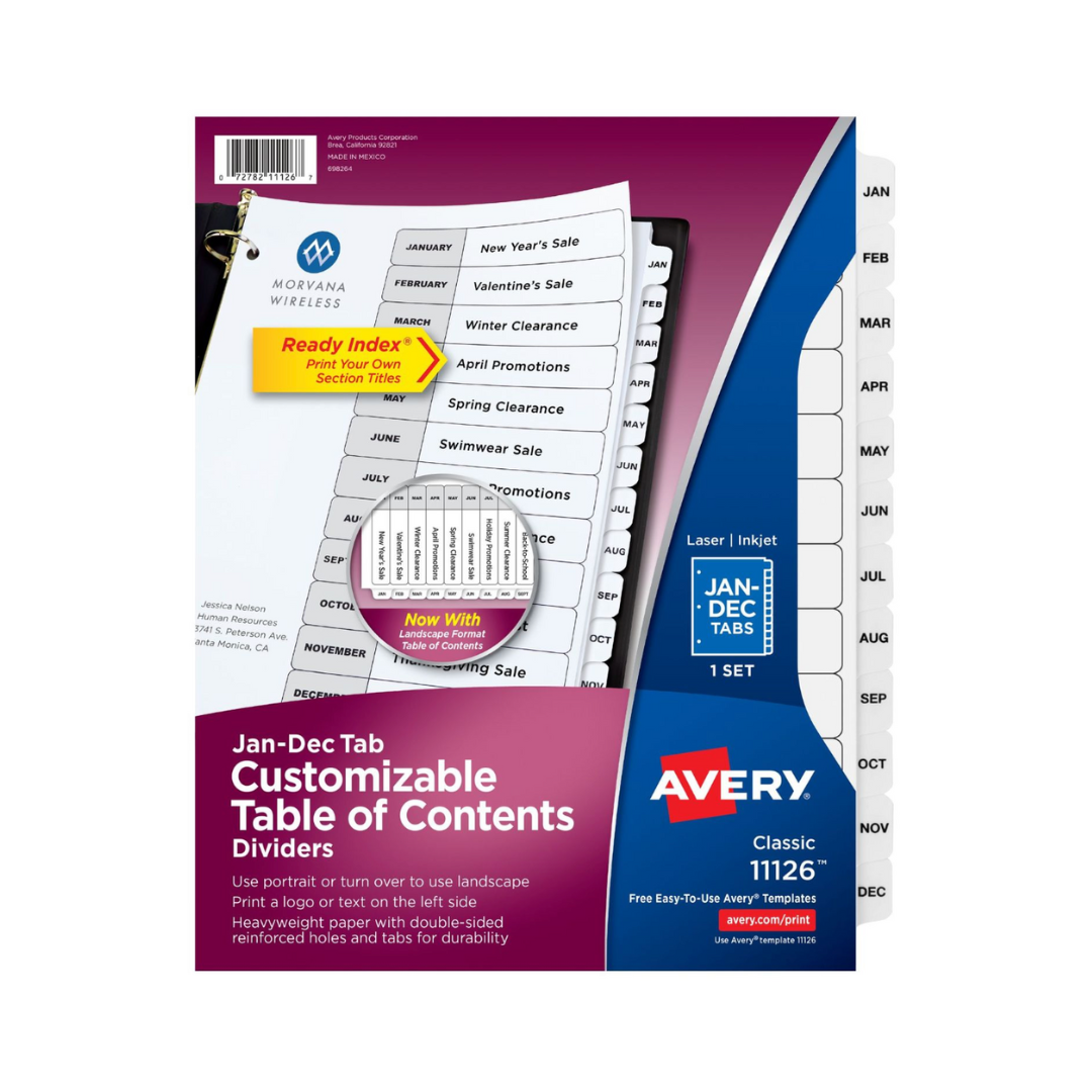 Avery® separadores de carpeta con pestañas, Ready Index®, tabla de contenido personalizable, 12 separadores blancos por meses, clásicos, 1 juego (11126)