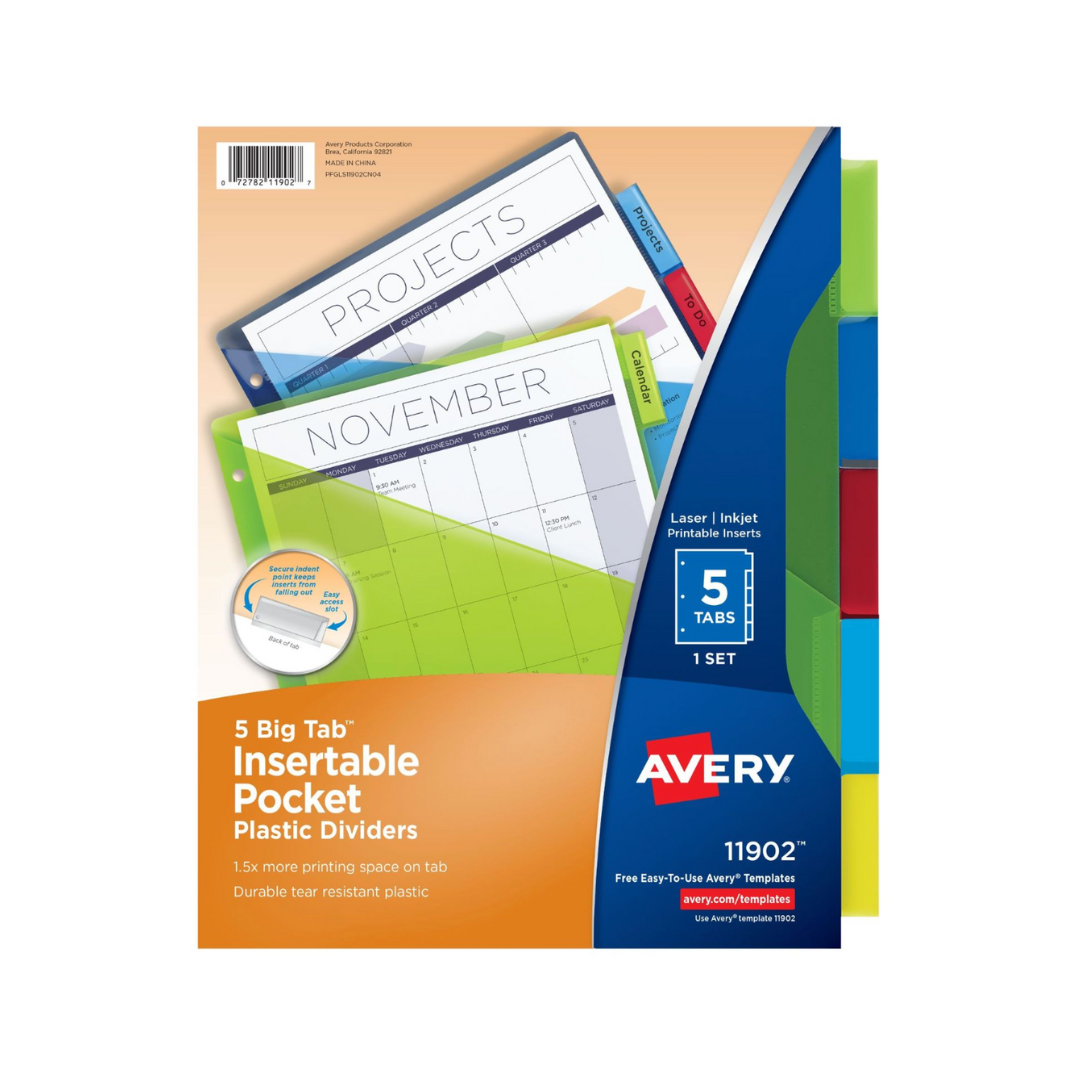 Avery® Big Tab™ Separadores de plástico insertables con 1 bolsillo, juego de 8 pestañas, multicolor (11903)