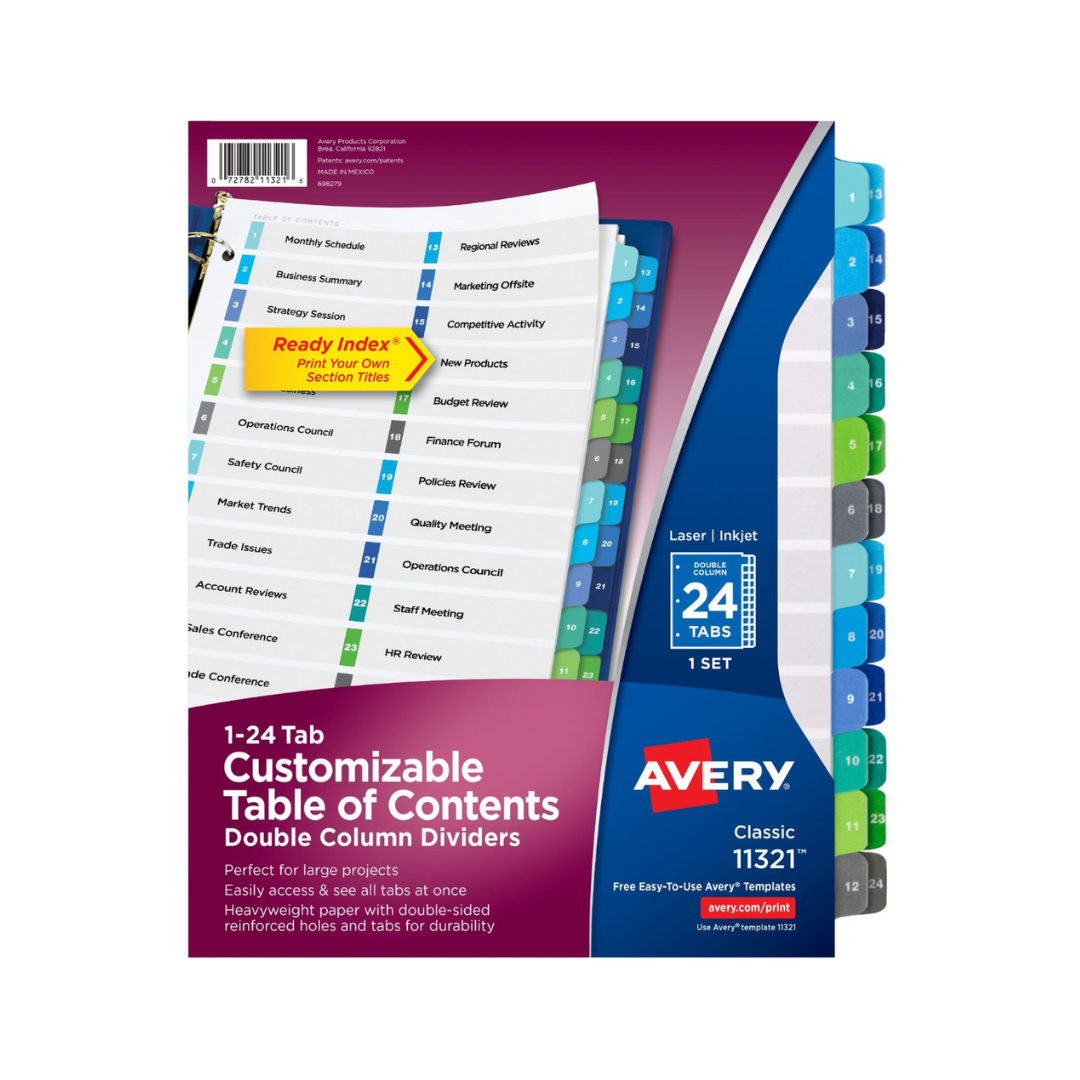 Avery® Ready Index® Separadores doble columna, tabla de contenido personalizable, 24 separadores multicolores, 1 juego (11321)