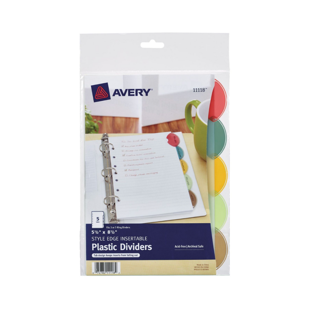 Avery® Mini separadores de plástico con borde de estilo insertable , 13.9 x 21.5cms, juego de 5 separadores, multicolor, 1 juego (11118)