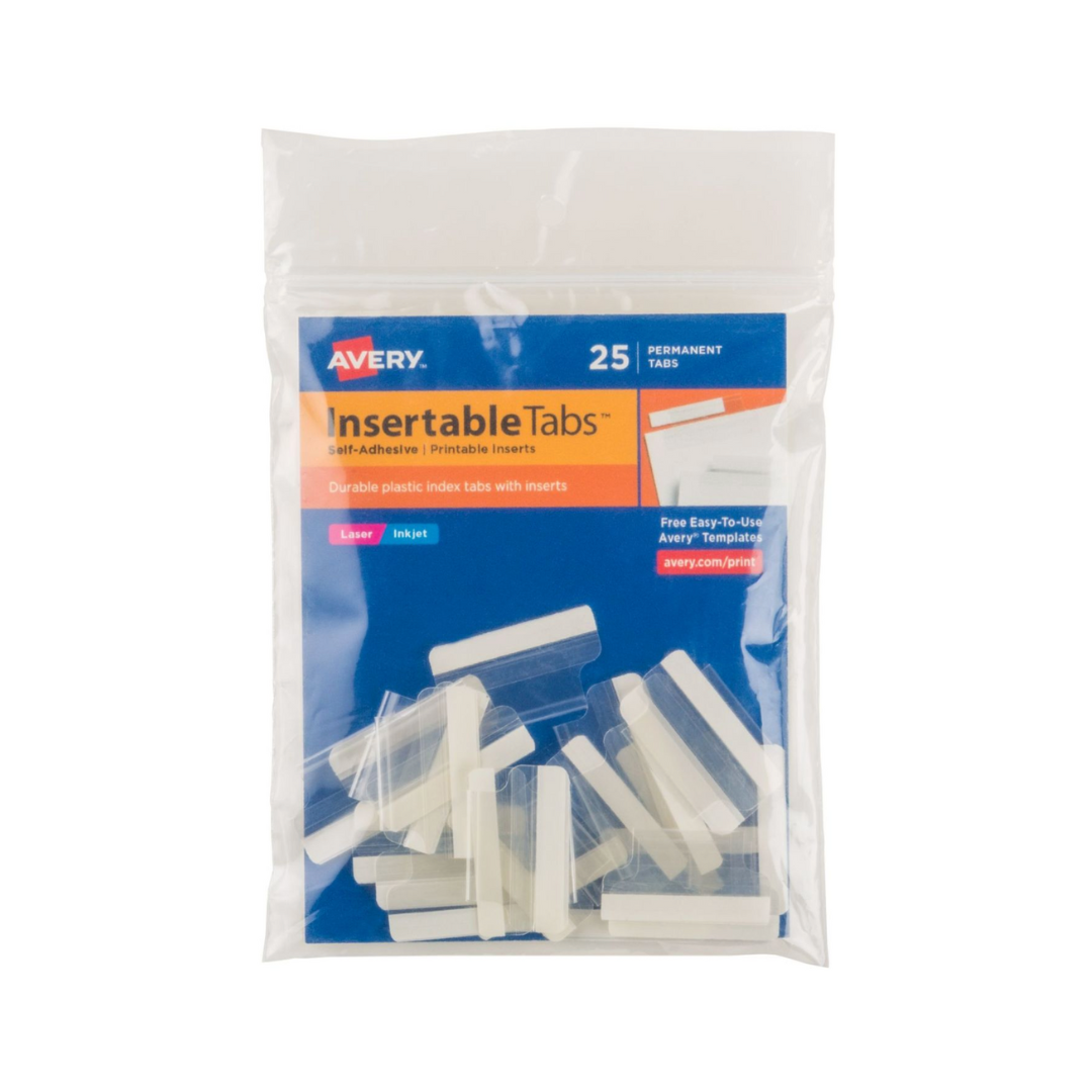 Avery® Pestañas de índice insertables autoadhesivas, insertos imprimibles, 2,5 cms, 25 pestañas transparentes(16221)