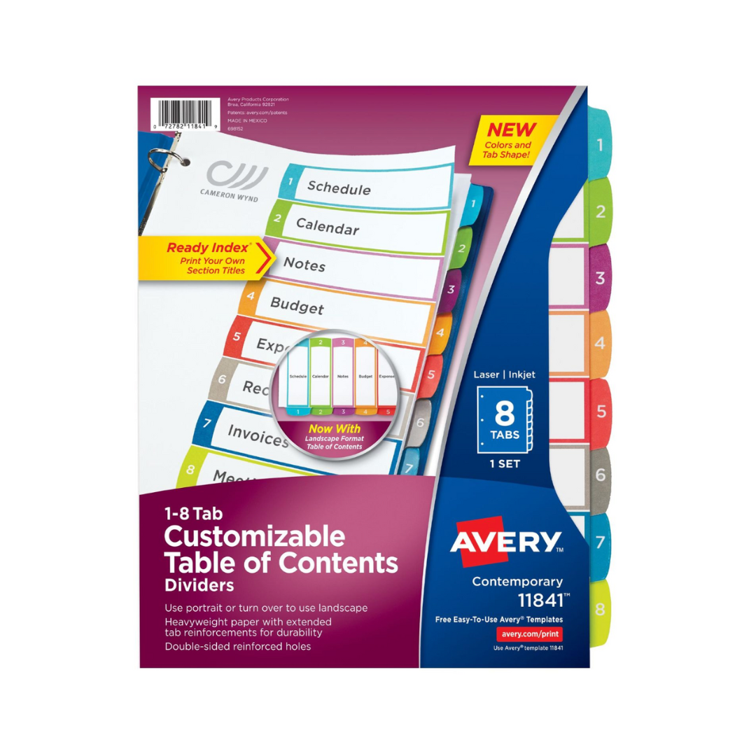 Avery® Separadores de carpeta con pestañas multicolor, Ready Index® , tabla de contenido personalizable,  1 juego de 8 separadores (11841)