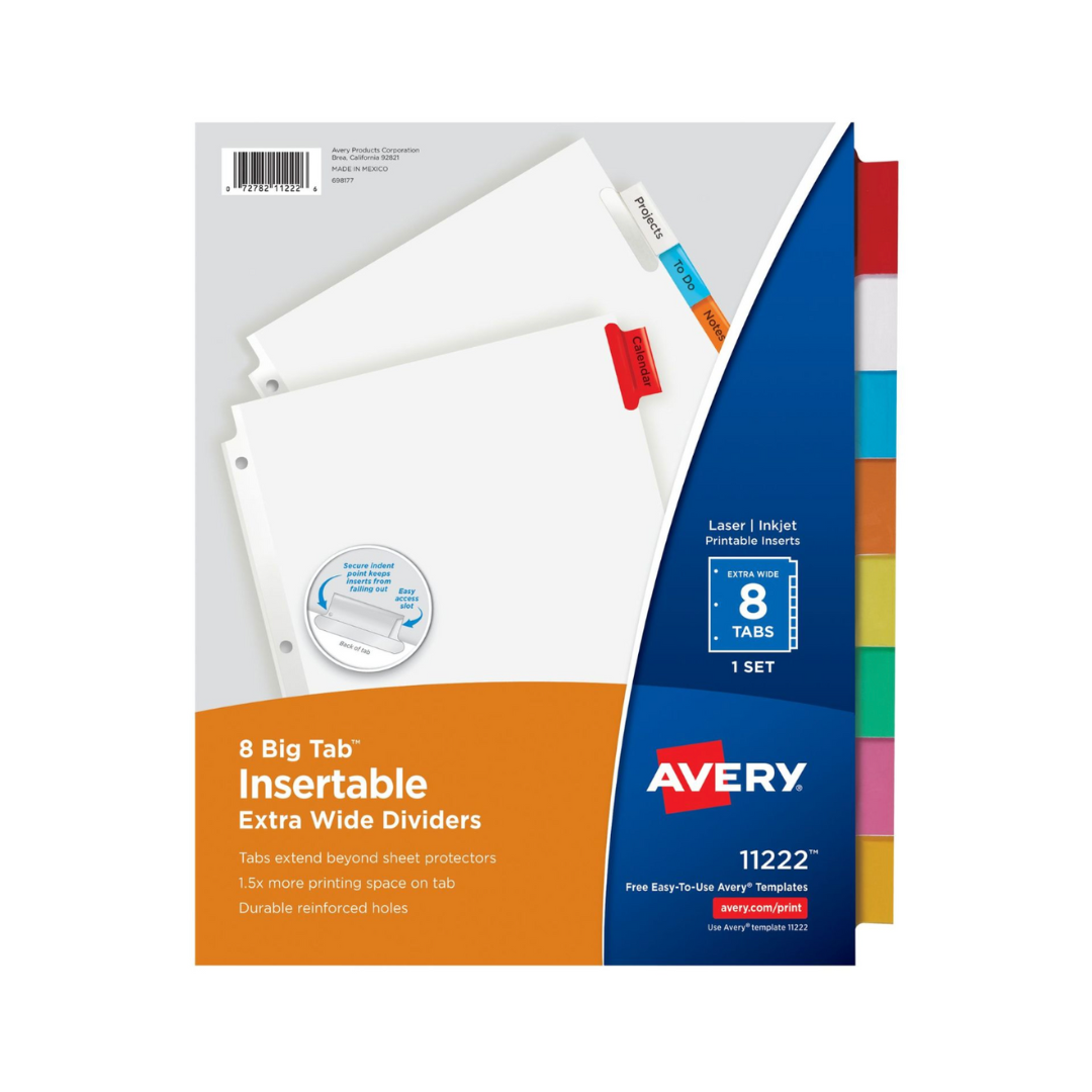 Avery® Separadores insertables extra anchos Big Tab™, juego de 8 pestañas, multicolor (11222)