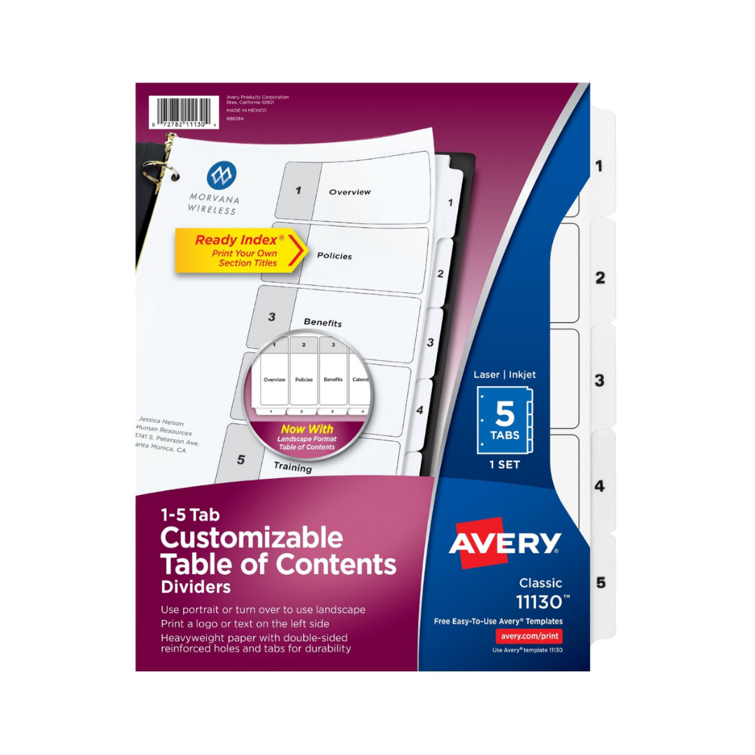 Avery® separadores de carpeta con pestañas, Ready Index®, tabla de contenido personalizable, 5 separadores blancos clásicos, 1 juego (11130)