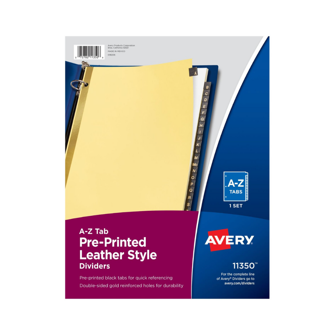 Avery® Separadores preimpresos de cuero negro, A a la Z, 25 separadores por set (11350)