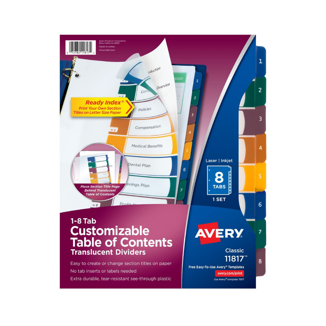 Avery® Separadores de plástico para 8 pestañas Ready Index® , tabla de contenido personalizable, pestañas multicolores, 1 juego (11817)
