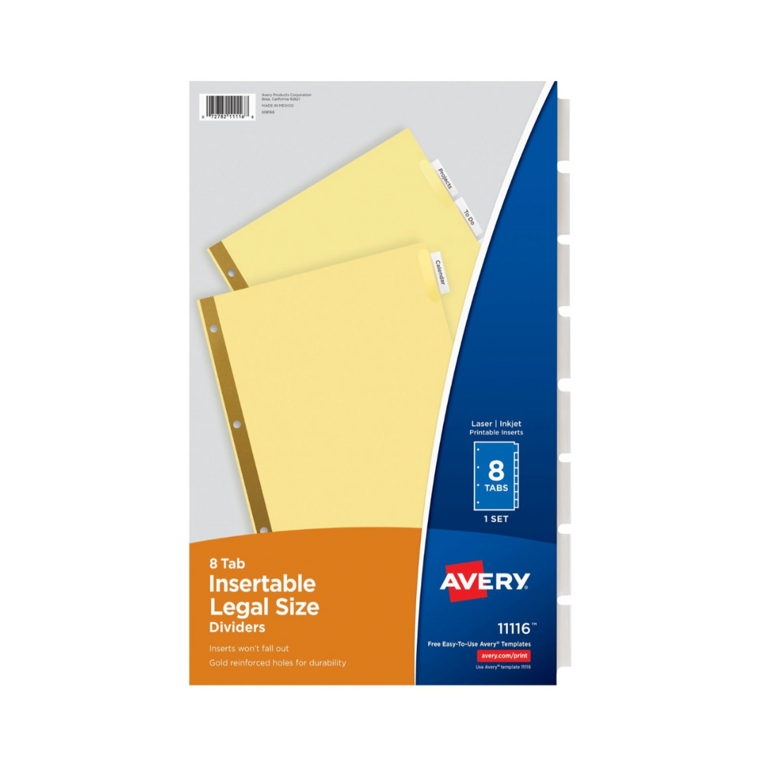 Avery® Separadores insertables, tamaño legal/oficio, papel resistente, pestañas transparentes, juego de 8 pestañas (11116)