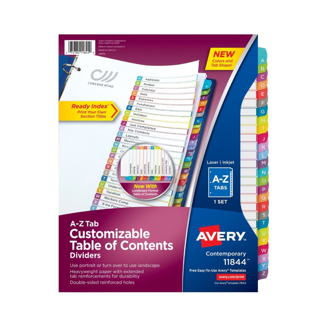 Avery® Ready Index® separadores de carpeta con pestañas A- Z 26 , tabla de contenido personalizable, pestañas multicolores, 1 juego (11844)