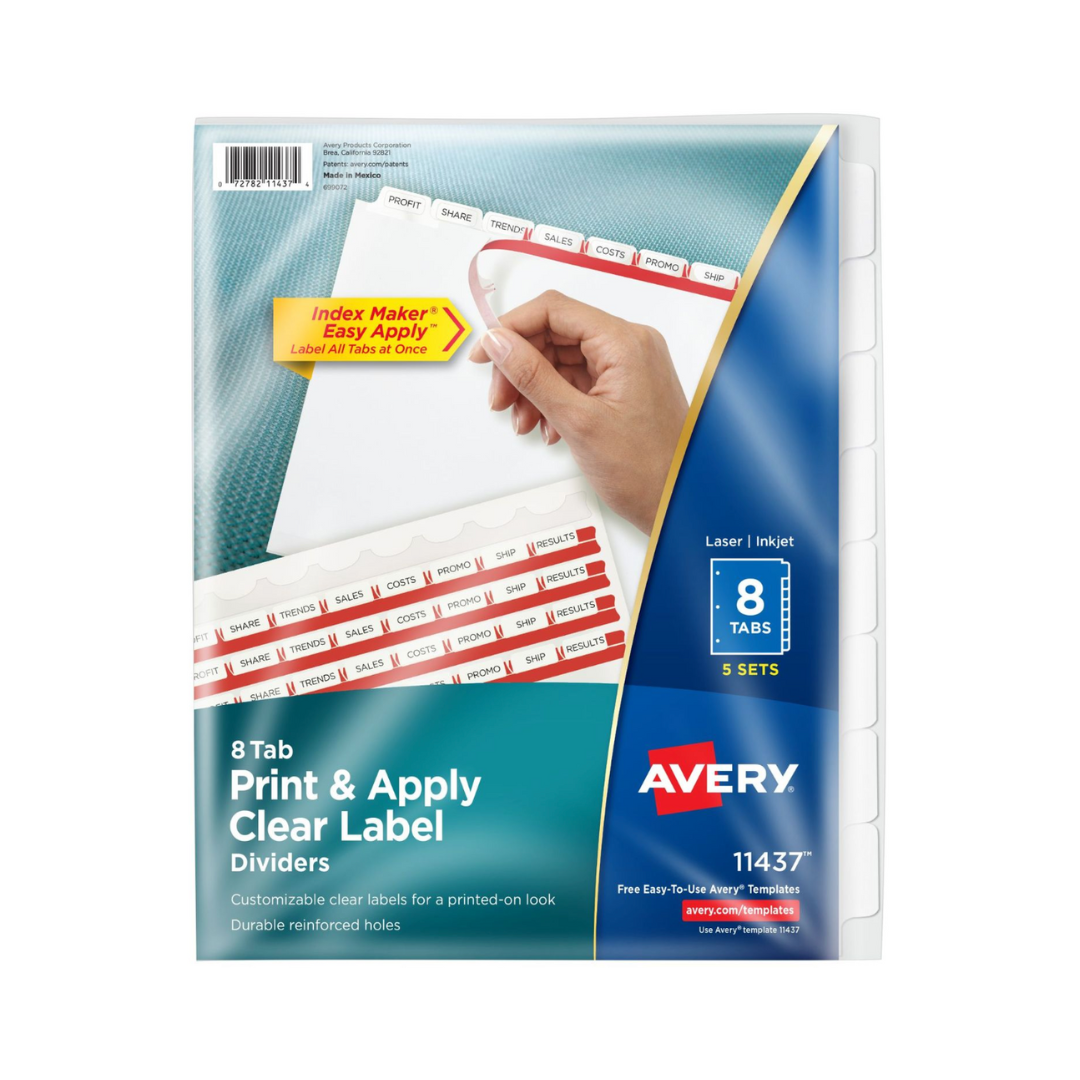 Avery® Separadores blancos x8, tira de etiquetas imprimibles Index Maker® Easy Apply™ 5 sets (11437)