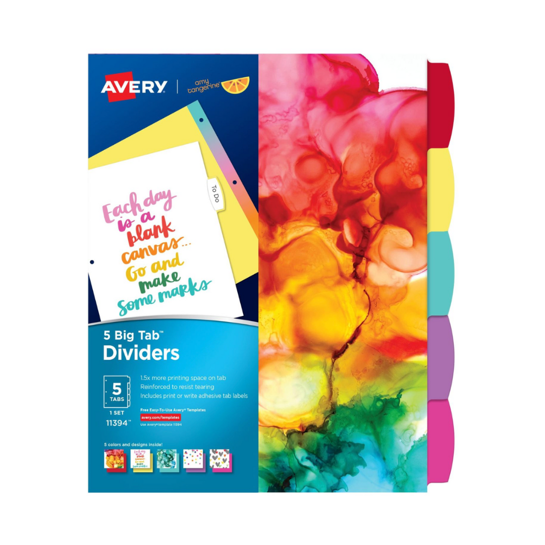 Avery® Separadores Amy Tangerine® Designer Collection Big Tab™, vibraciones arcoiris, set de 5 separadores (11394)
