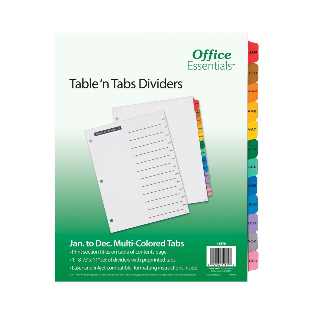 Avery® Office Essentials Table 'n Tabs Separadores de Enero a Diciembre, juego de 12 separadores, papel blanco, pestañas multicolores, 1 set (11679)
