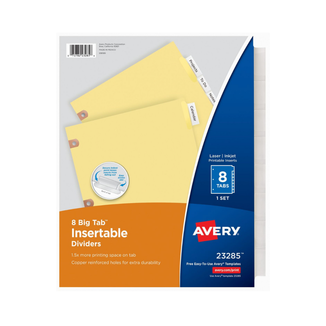 Avery® Separadores insertables Big Tab™, papel resistente, pestañas transparentes, juego de 8 separadores (23285)