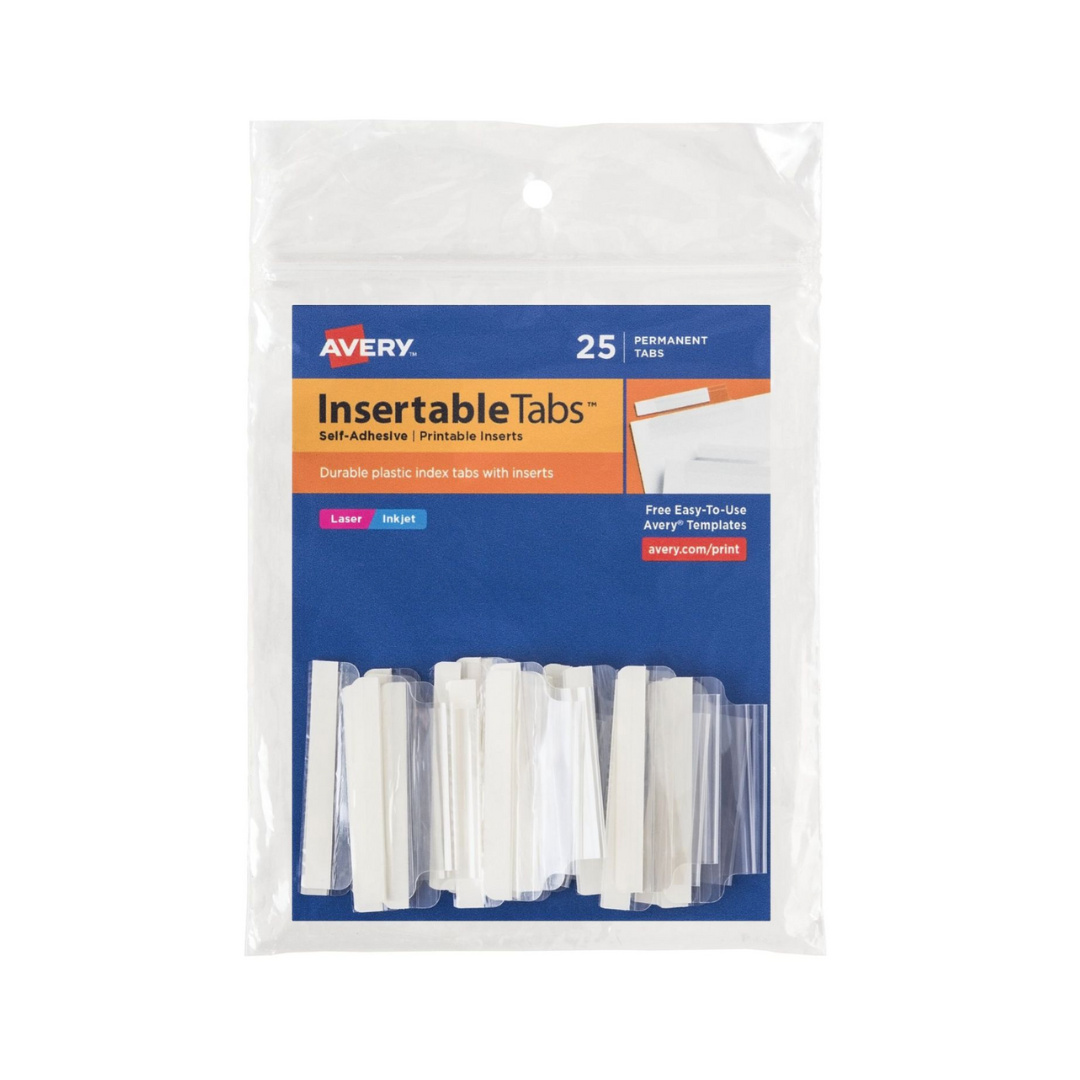 Avery® Pestañas de índice, con inserciones imprimibles, 3.8 cms ancho, autoadhesivas, 25 fichas en total (16230)