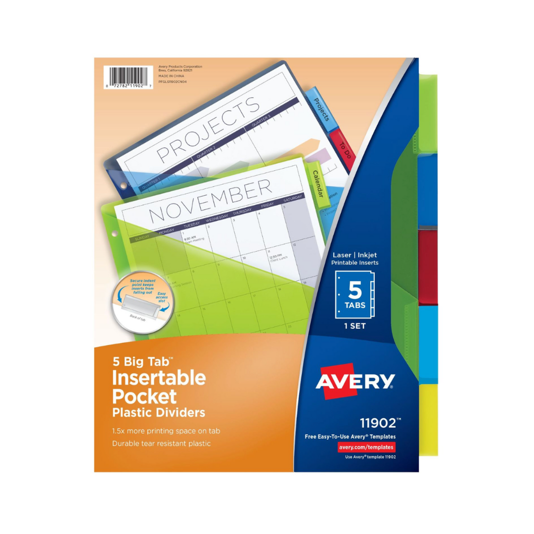 Avery® Big Tab™ Separadores de plástico insertables con 1 bolsillo, juego de 5 separadores, multicolor (11902)