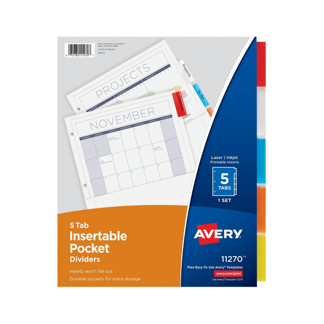 Avery® Separadores insertables con bolsillos, juego de 5 separadores, multicolor (11270)
