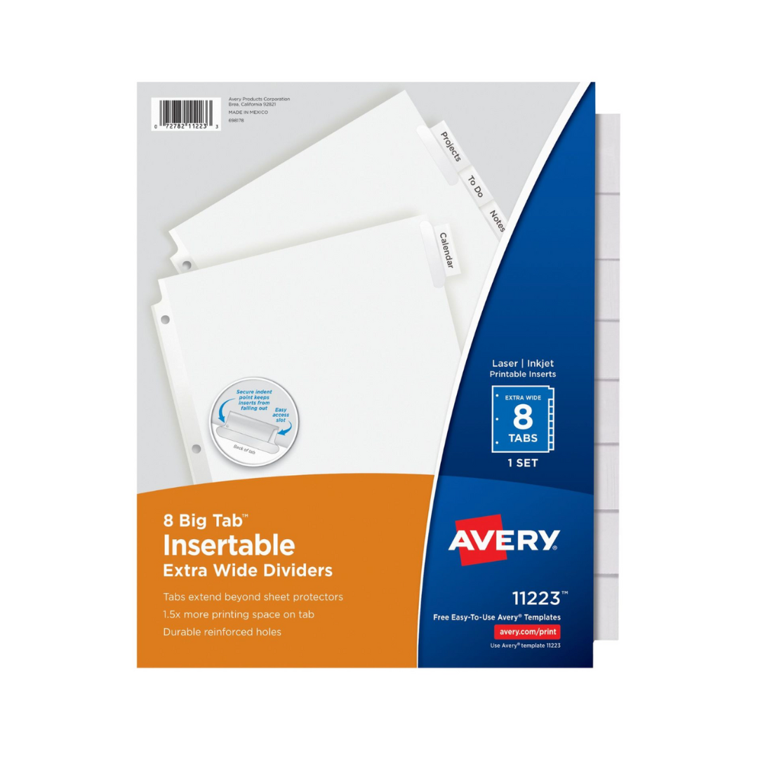 Avery® Separadores insertables extra anchos Big Tab™, pestañas transparentes, juego de 8 separadores (11223)