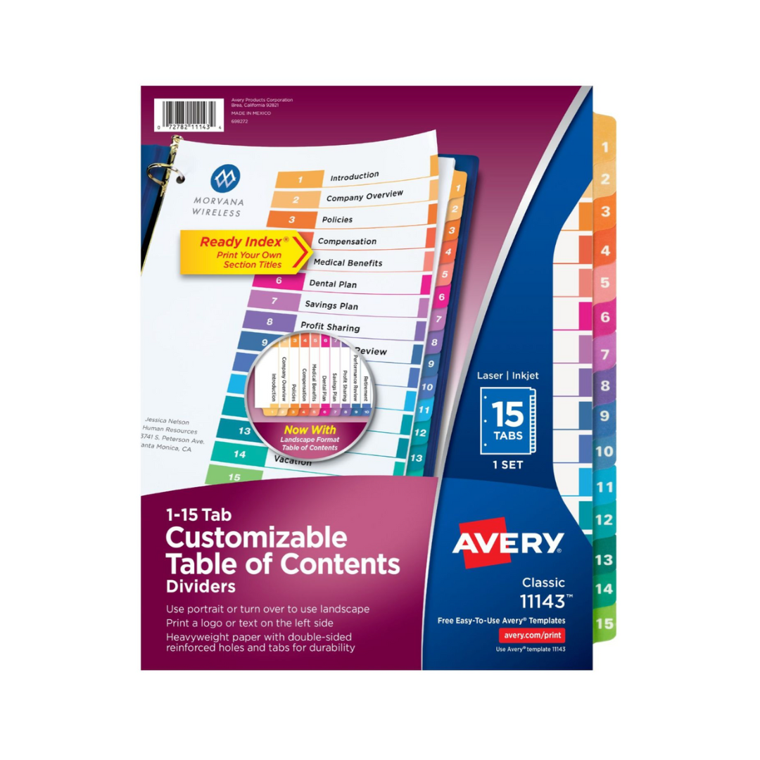 Avery® Separadores de carpeta con pestañas, Ready Index®, tabla de contenido personalizable,  separadores multicolor clásicos enumerados del 1 al 15, 1 juego (11143)