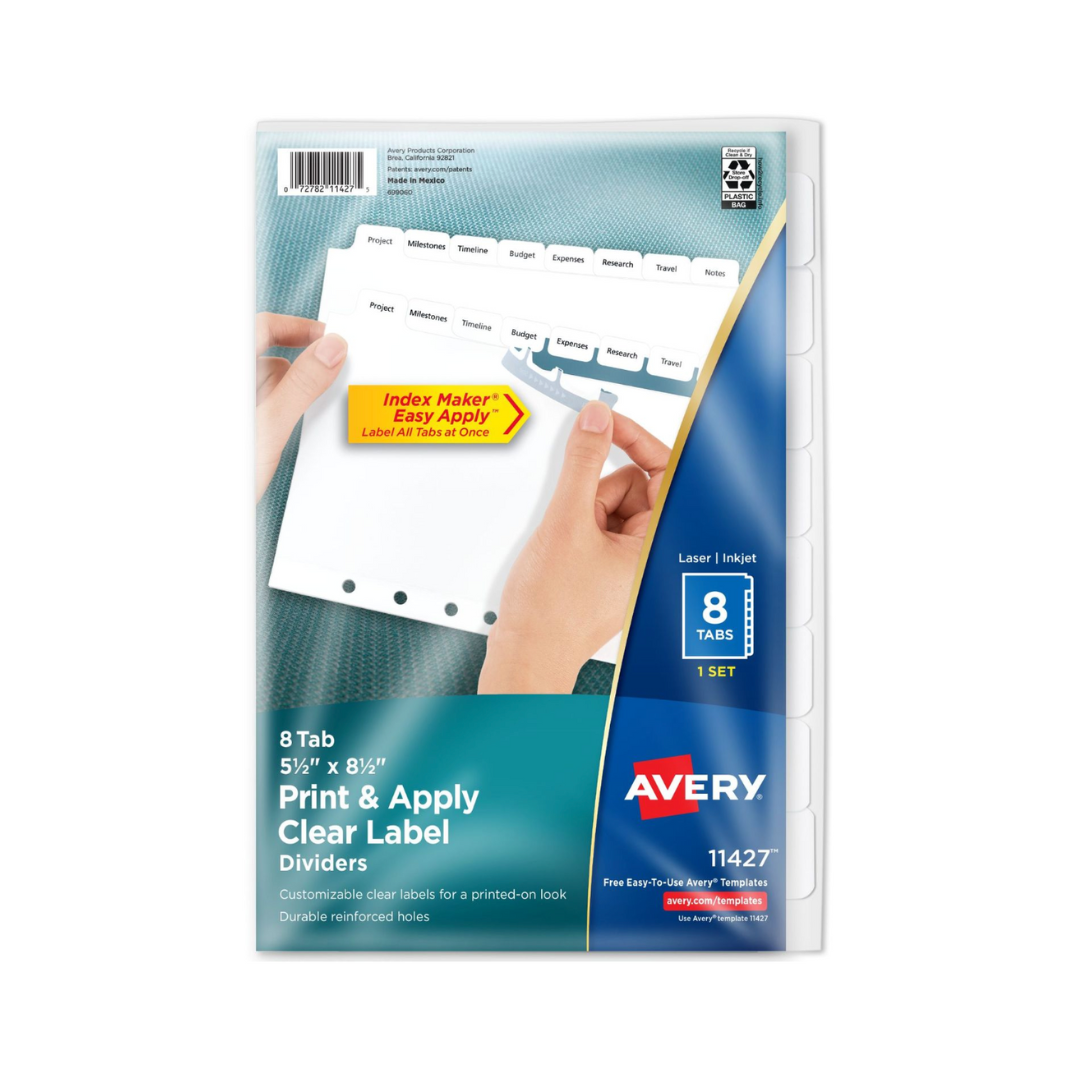 Avery® Mini Separadores blancos x 8, tira de etiquetas imprimibles Index Maker® Easy Apply™, 1 set (11427)