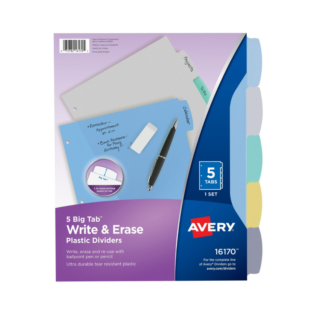 Avery® Big Tab™ Separadores de plástico duradero para escribir y borrar, juego de 5 separadores, multicolor pastel (16170)