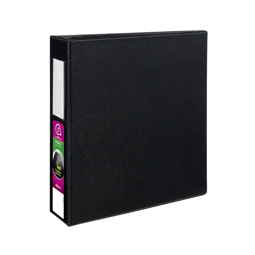 Folder Durable portatarjetas negro, anillos inclinados de 3", capacidad para 600 hojas, DuraHinge (27654)