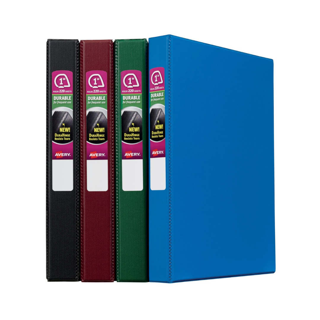 Folder Durable colores surtidos, anillos inclinados de 1", capacidad para 250 hojas, (11258)