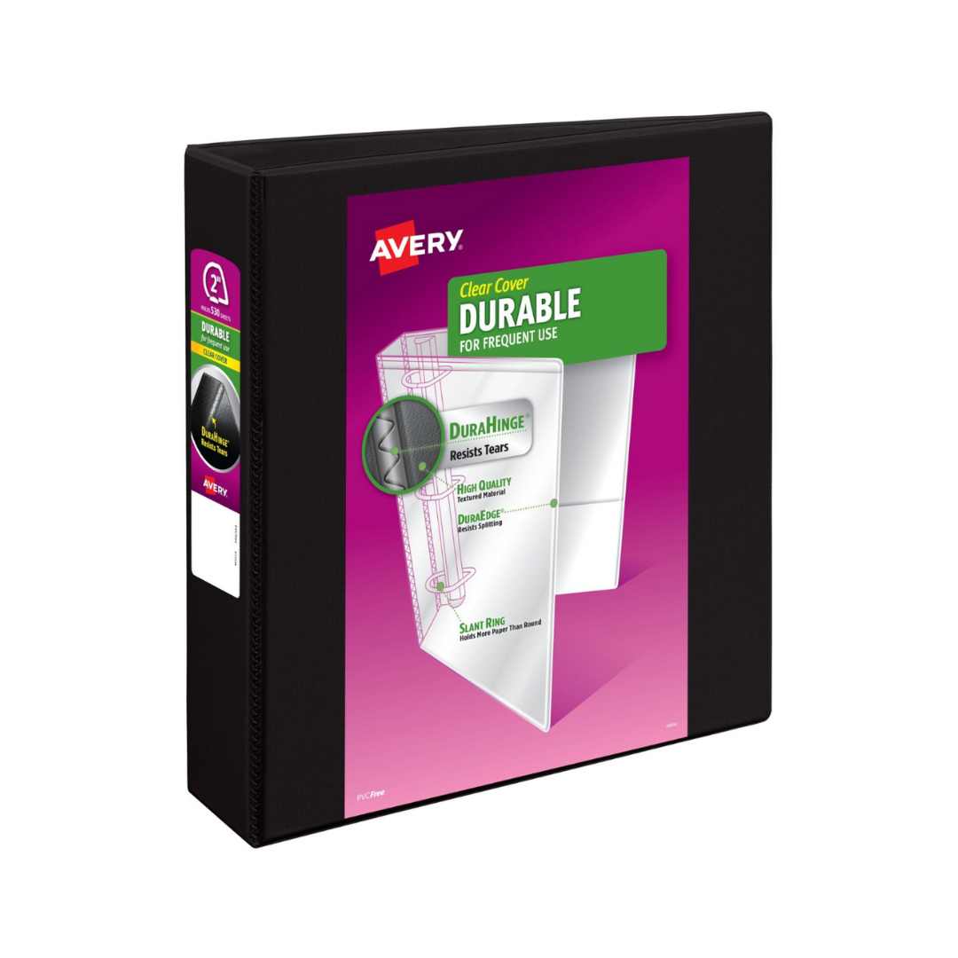 Folder para personalizar, durable, negro, anillos inclinados de 2", capacidad para 500 hojas, DuraHinge (17031)
