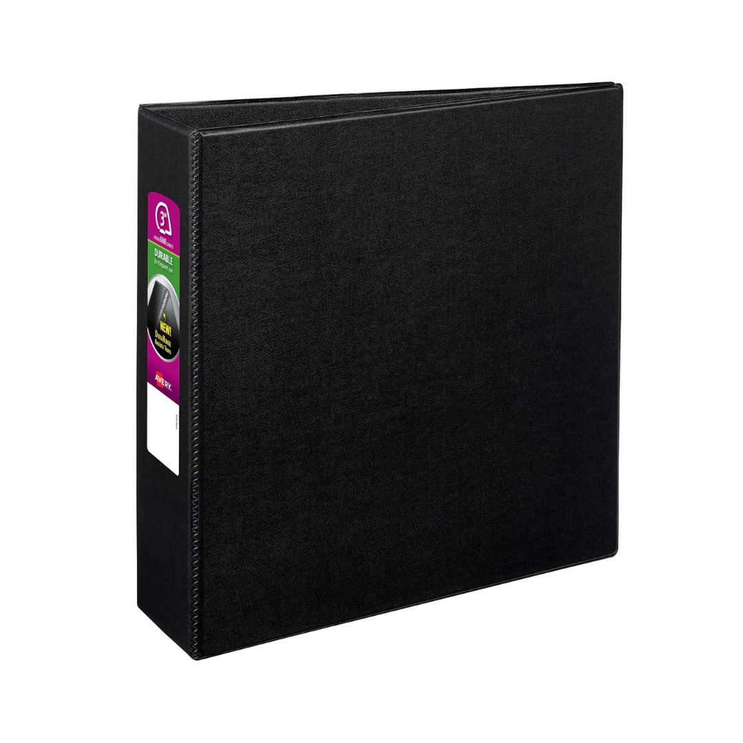 Folder durable negro, anillos inclinados de 3", capacidad para 600 hojas, DuraHinge (27650)