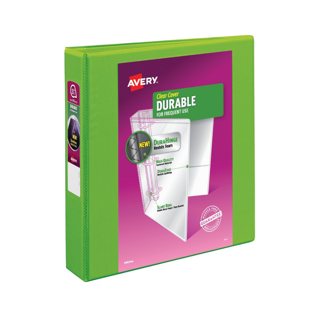 Folder Durable para personalizar, verde claro, anillos inclinados de 1.5", capacidad para 375 hojas, DuraHinge (17835)