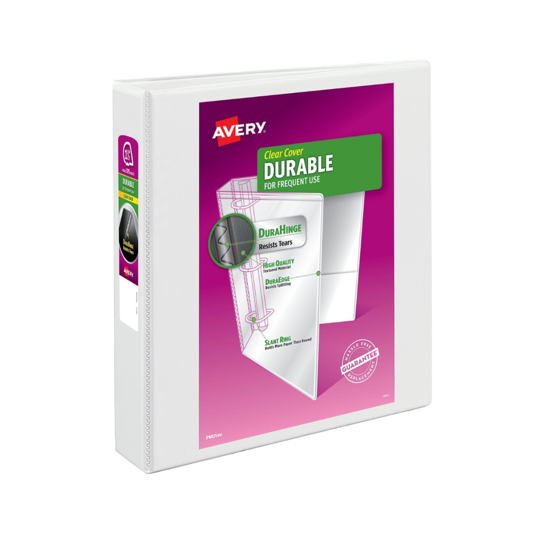 Folder Durable para personalizar, blanco, anillos EZD de 1.5", capacidad para 400 hojas, DuraHinge (09401)