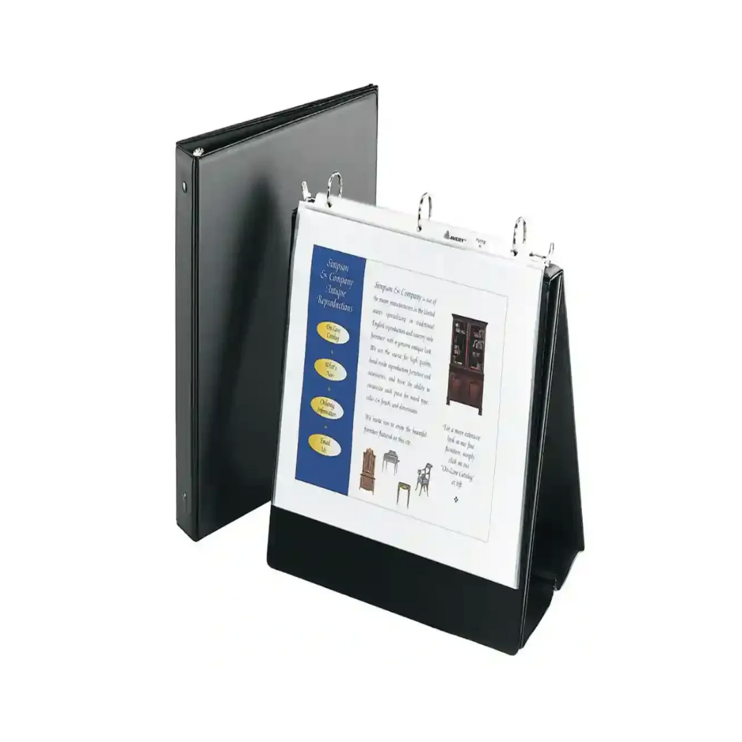 Folder de caballete negro, con anillos redondos de 1", capacidad para 175 hojas (12880)