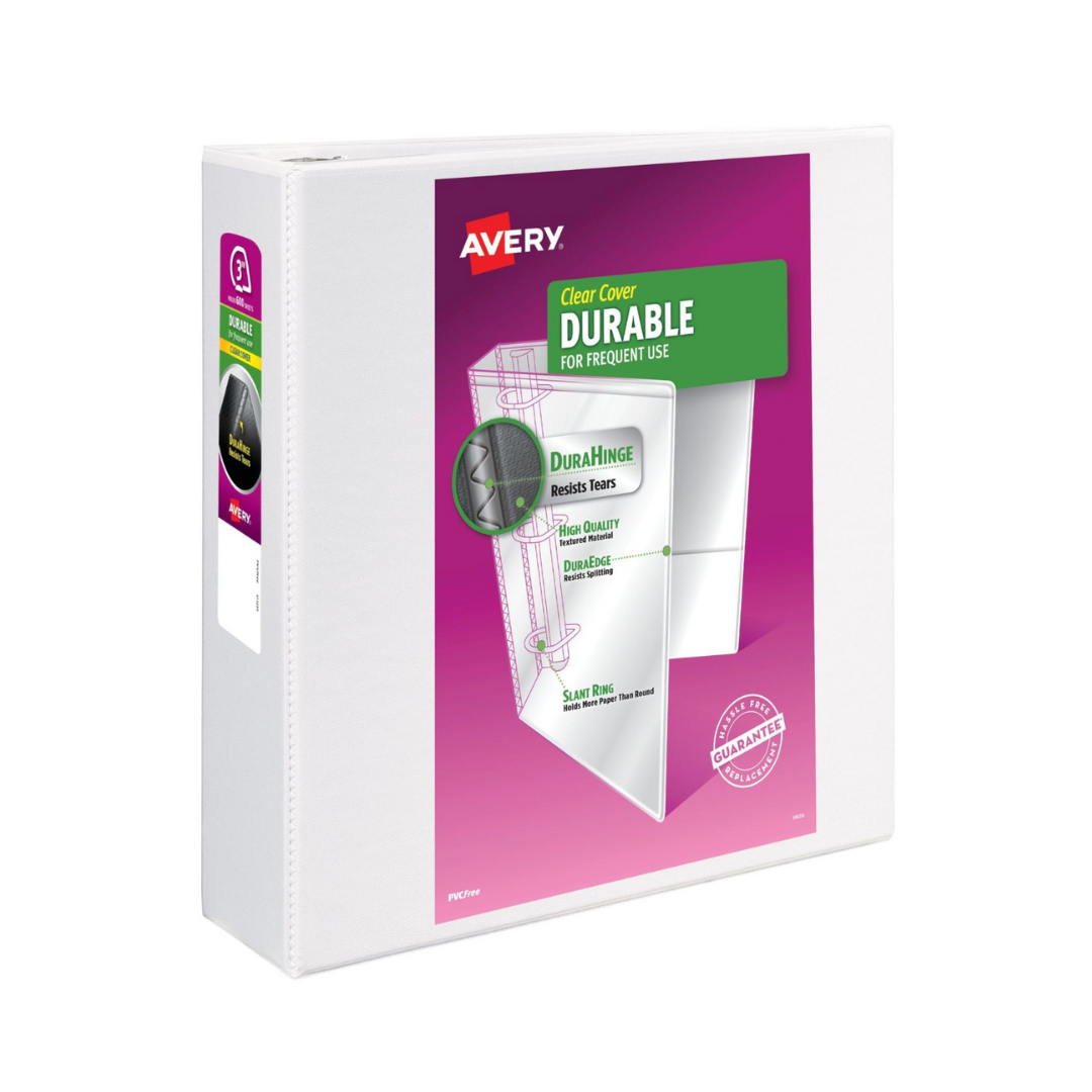 Folder Durable para personalizar blanco, anillos inclinados de 3", capacidad para 600 hojas, DuraHinge (17042)