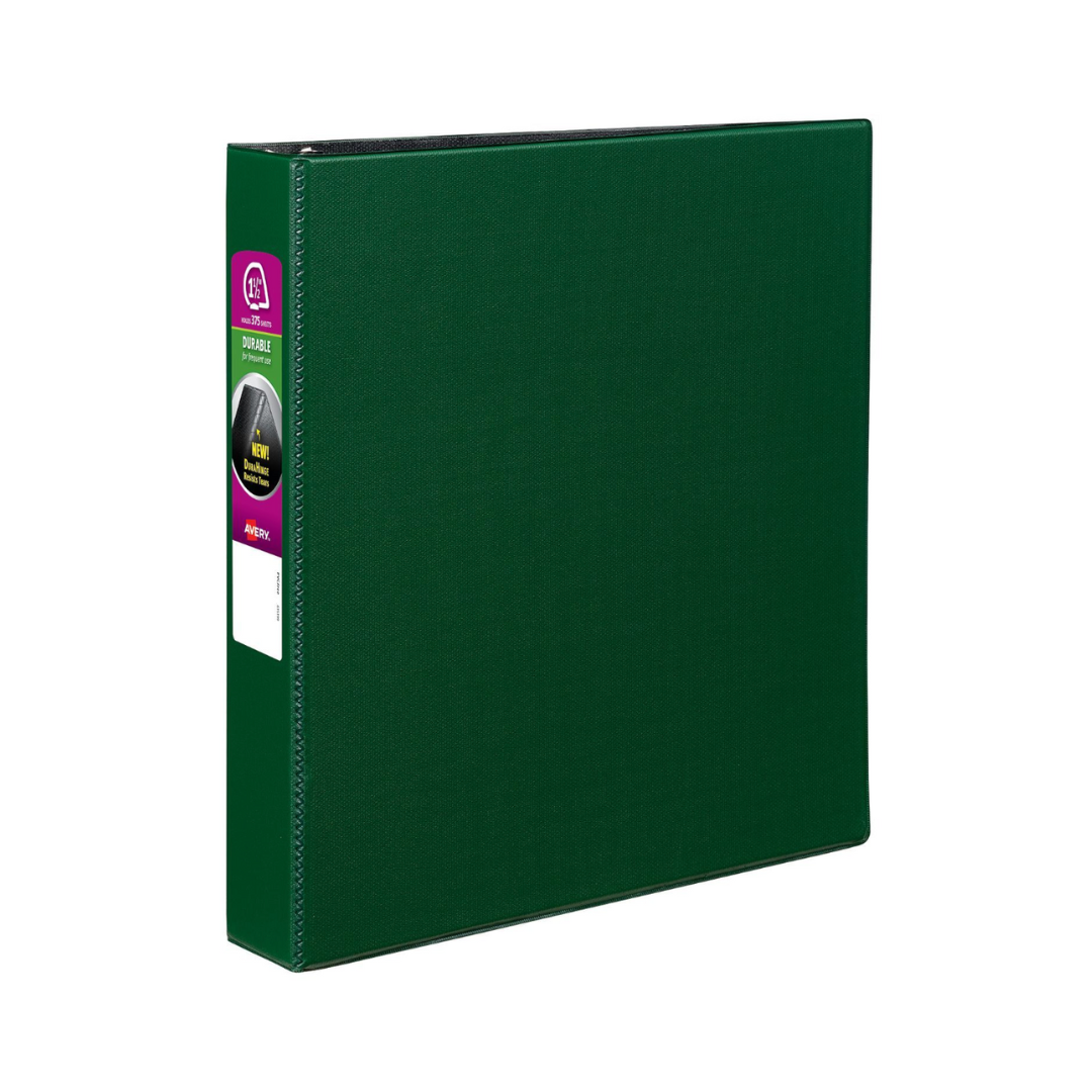 Folder Durable verde, anillos inclinados de 1.5", capacidad para 375 hojas, DuraHinge (27353)