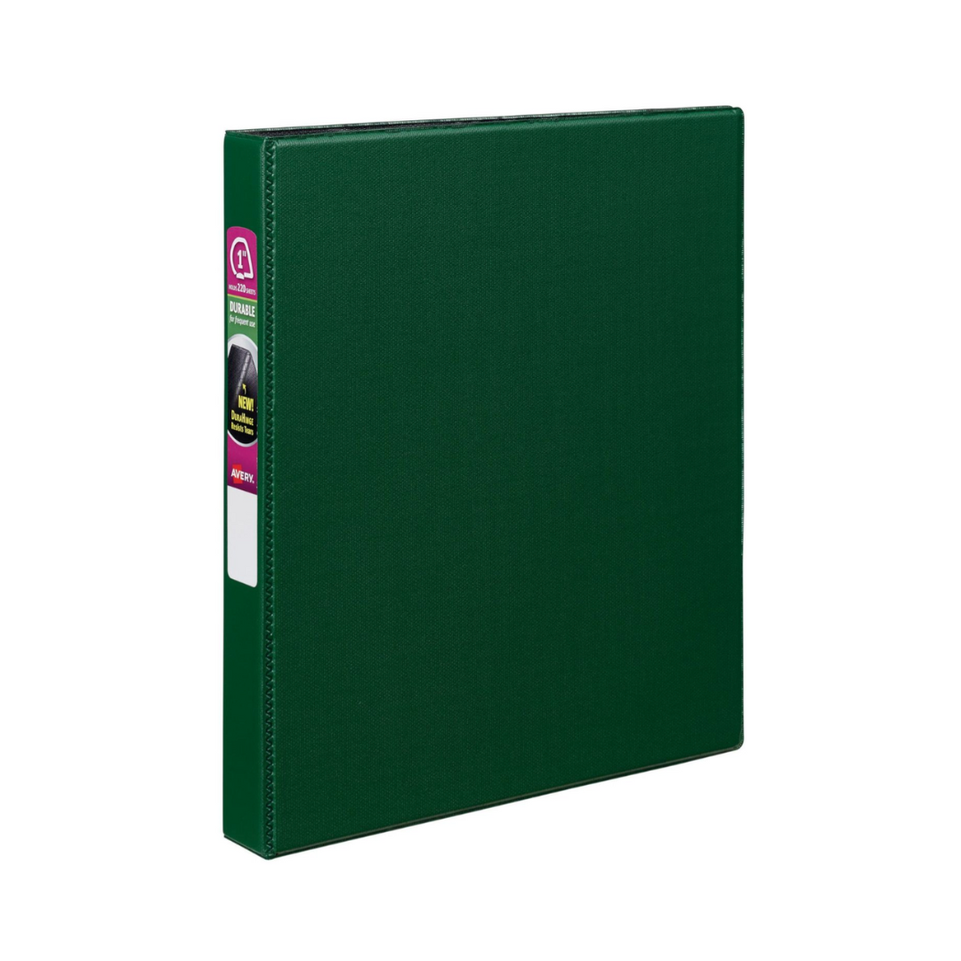 Folder durable verde, anillos inclinados de 1", capacidad para 220 hojas, DuraHinge (27253)
