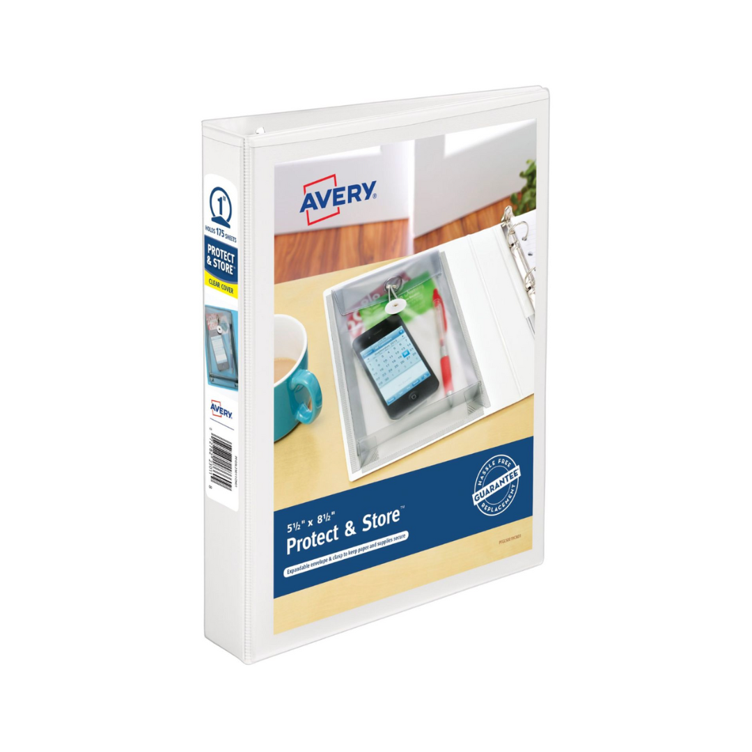 Folder Mini Durable para personalizar,  Protect & Store™, anillos redondos de 1", capacidad para 175 hojas, 13.9 x 21.5cms, blanco (23011)