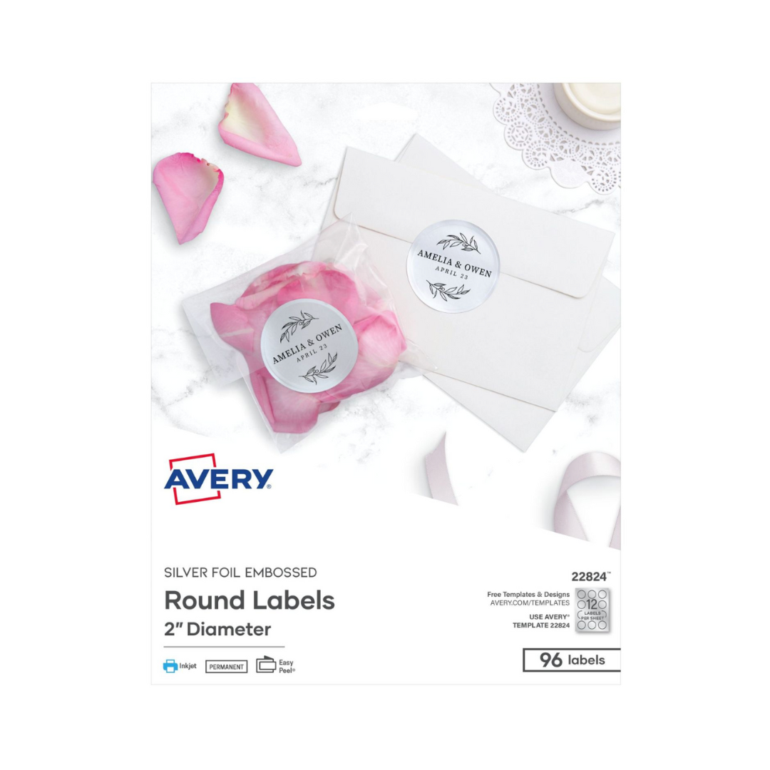 Avery® Etiquetas redondas plateadas, papel aluminio con relieve, 5.1 cms de diámetro, 96 etiquetas, adhesivo permanente (22824)