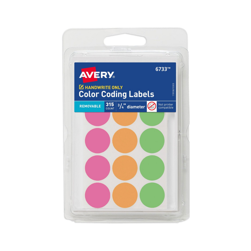 Avery® Etiquetas removibles con codificación de colores, 1.9 cms de diámetro, colores neón surtidos, no imprimibles, 315 pegatinas de puntos en total (6733) Avery® Etiquetas removibles con codificación de colores, 1.9 cms de diámetro, colores neón surtidos, no imprimibles, 315 pegatinas de puntos en total (6733)