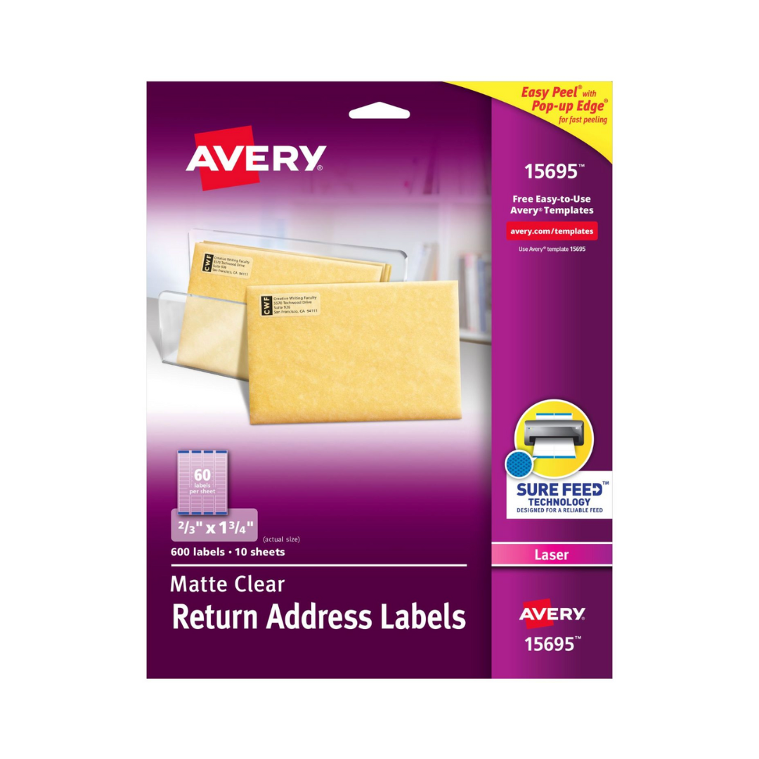 Avery® Etiquetas para envíos, transparentes mate  tecnología Sure Feed™, impresión láser, 4.4 x 1.7 cms, 600 etiquetas (15695)