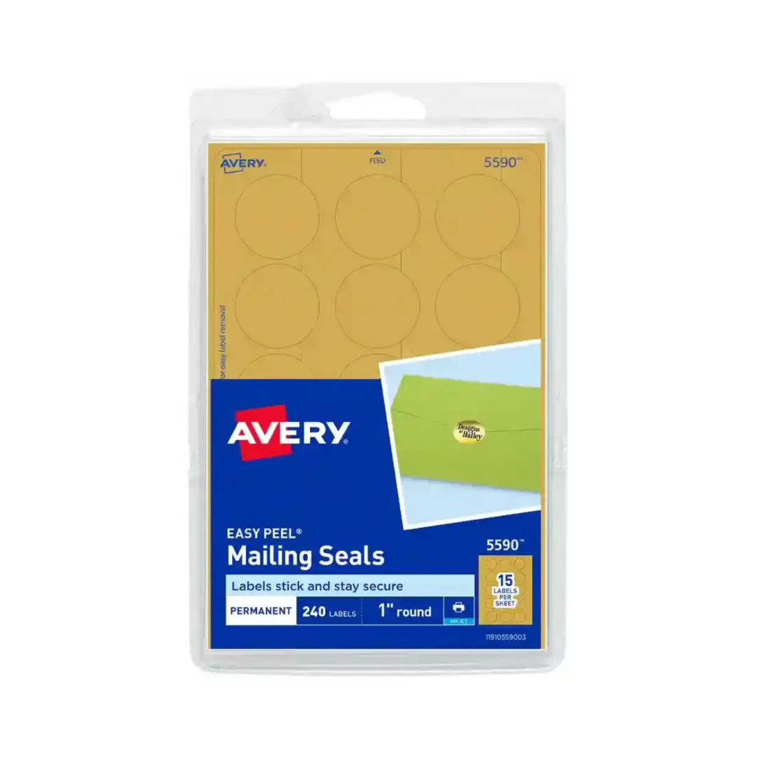 Avery® Etiquetas doradas para sellar sobres, adhesivo permanente, 2.5 cms de diámetro, 240 etiquetas (5590)