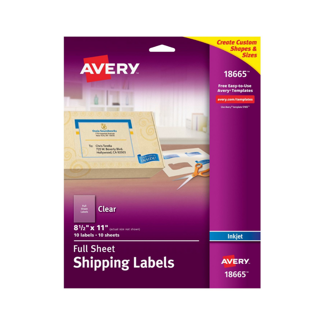 Avery® Etiquetas para envíos, adhesivo permanente, transparentes, 21.5 x 27.9cms, 25 etiquetas (8665)
