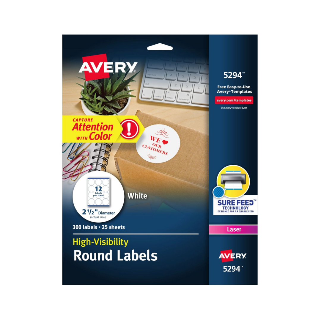 Avery® Etiquetas redondas de alta visibilidad, con Sure Feed™ para impresoras láser, 6.4 cms, 300 etiquetas (5294)