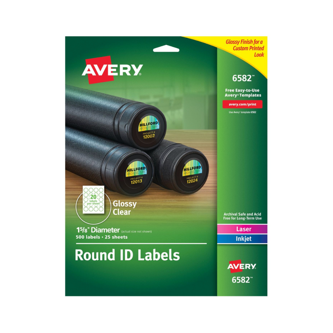 Avery® Etiquetas redondas, adhesivo permanente, transparente brillante, 4.1 cms de diámetro, 500 etiquetas (6582)
