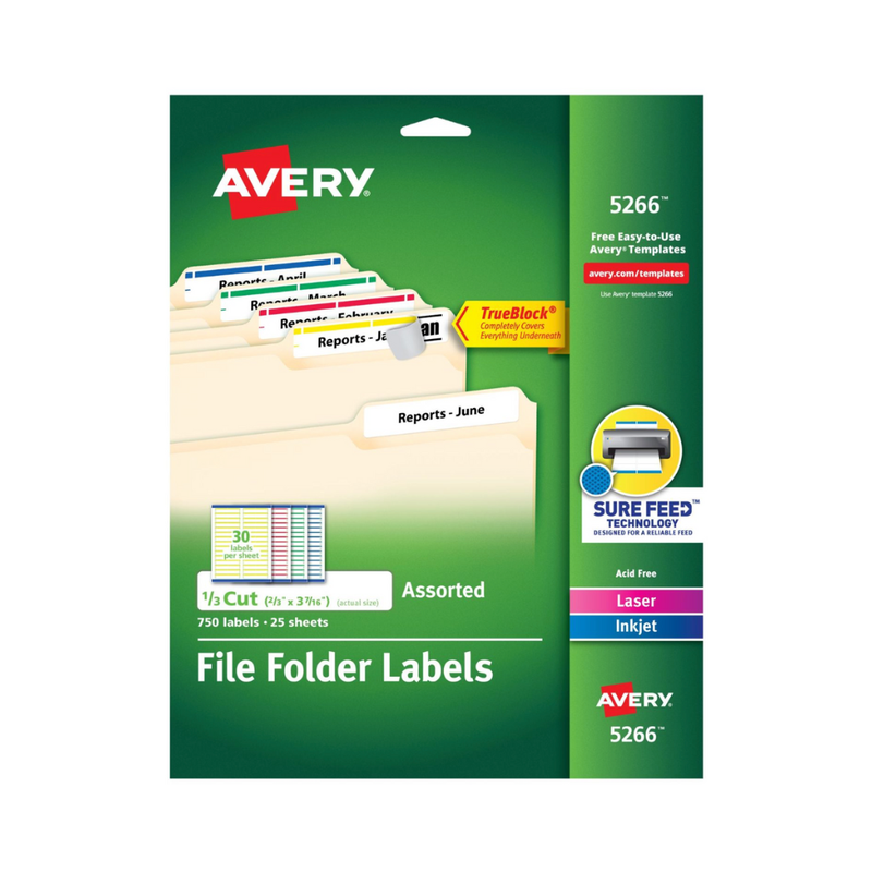 Avery® Etiquetas para carpetas de archivos TrueBlock®, 8.7 x 1.7 cms, 750 etiquetas imprimibles, permanentes, colores surtidos (5266)