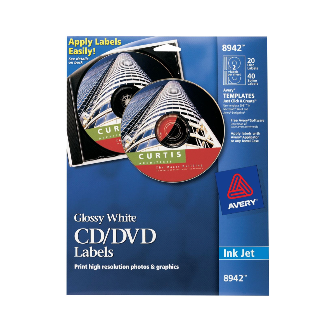 Avery® Etiquetas de CD, adhesivo permanente True Print®, brillante, 20 etiquetas para discos y 40 etiquetas de lomo (8942)