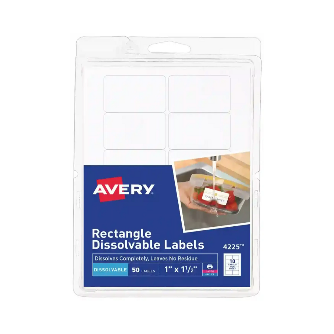 Avery® Etiquetas rectangulares blancas solubles, 3.8 x 2.5 cms, 50 etiquetas, adhesivo soluble (4225)
