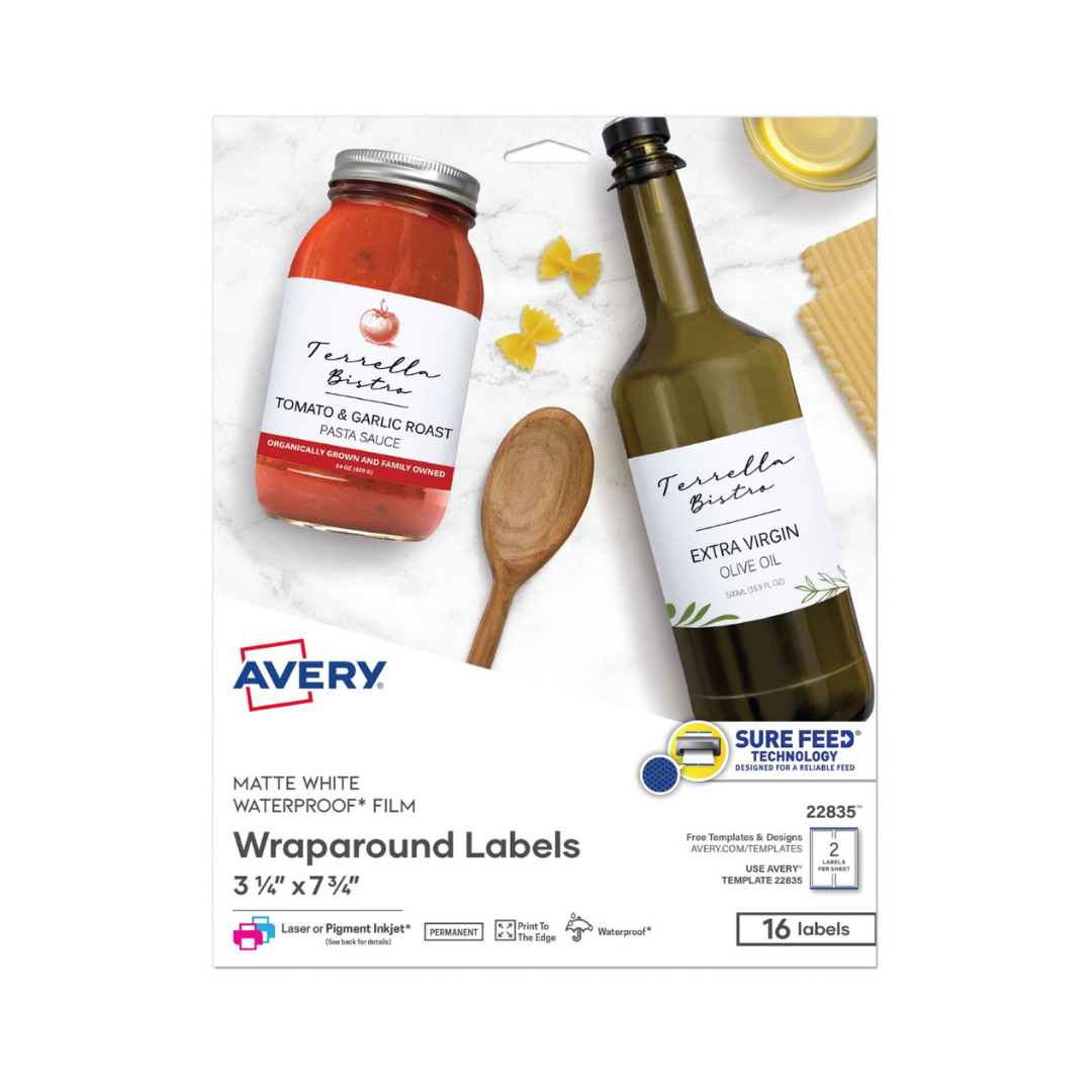 Avery® Etiquetas rectangulares envolventes impermeables de 19.7 x 8.3 cms, Sure Feed™, 16 etiquetas, permanentes, blanco mate (22835)
