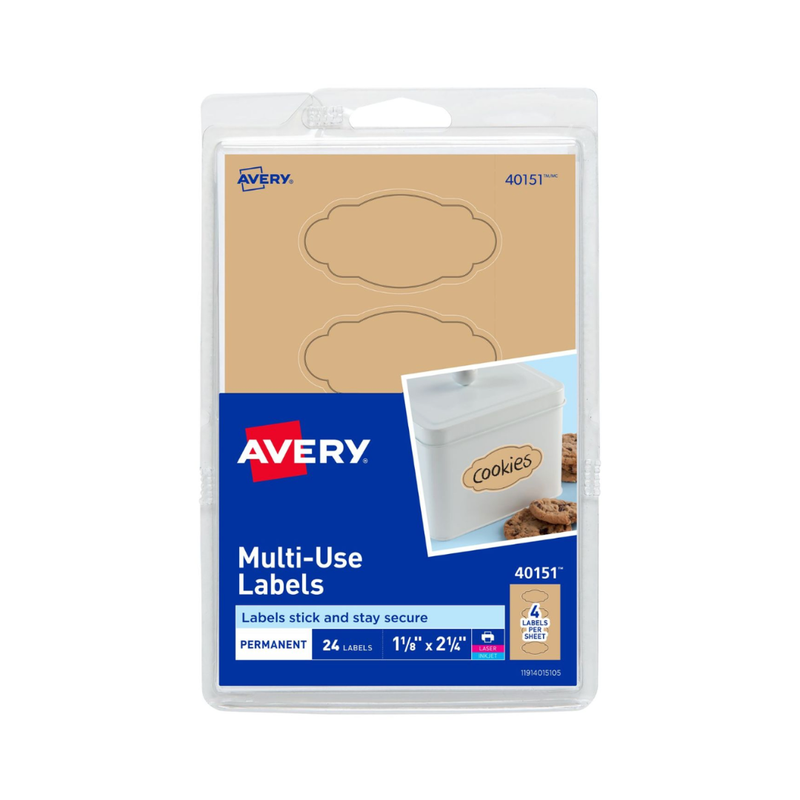 Avery® Etiquetas festoneadas, adhesivo permanente, color kraft, borde negro, 5.7 x 2.9 cms, 24 etiquetas (40151)