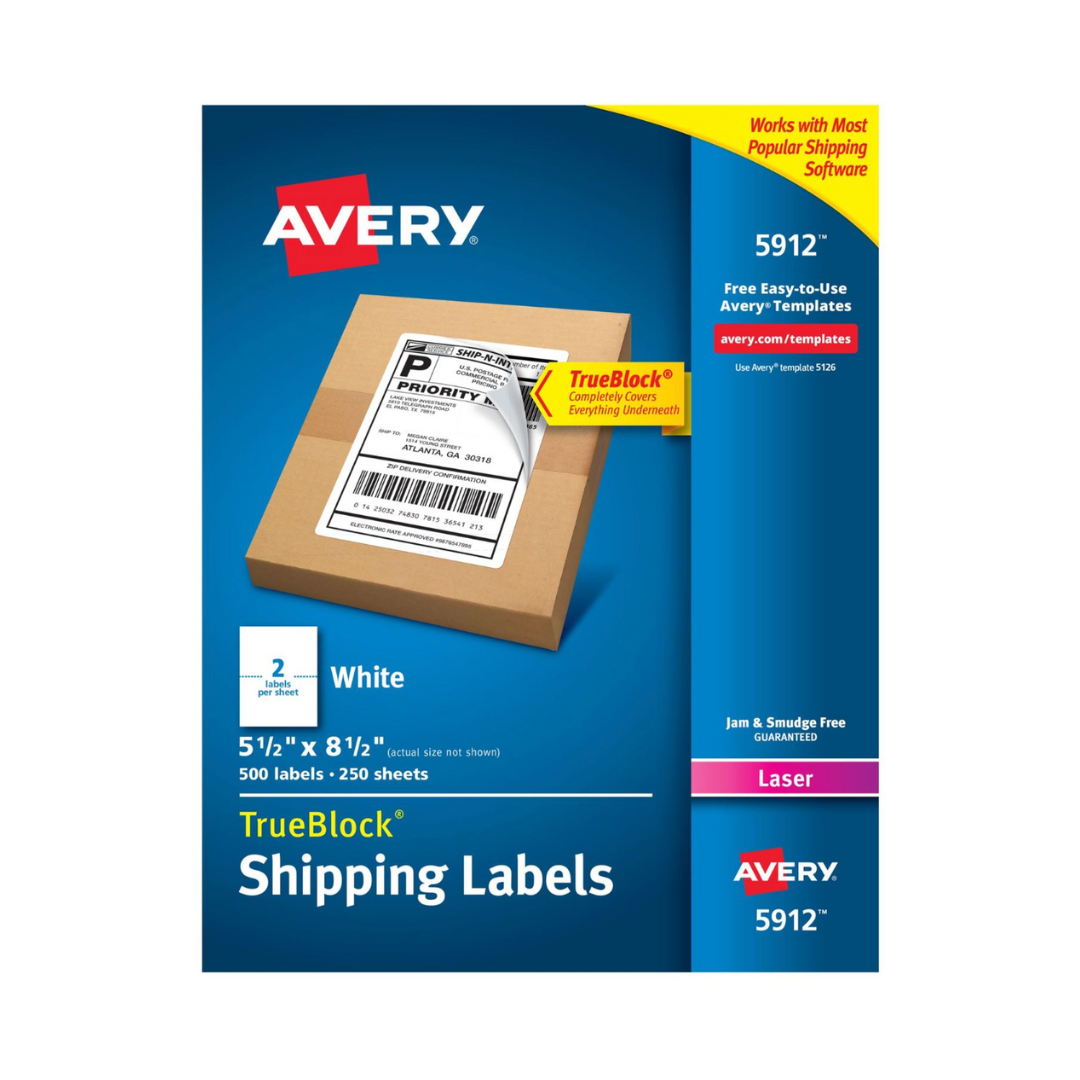 Avery® Etiquetas para envíos, tecnología TrueBlock®, adhesivo permanente, 21.5 x 14 cms, 500 etiquetas (5912)